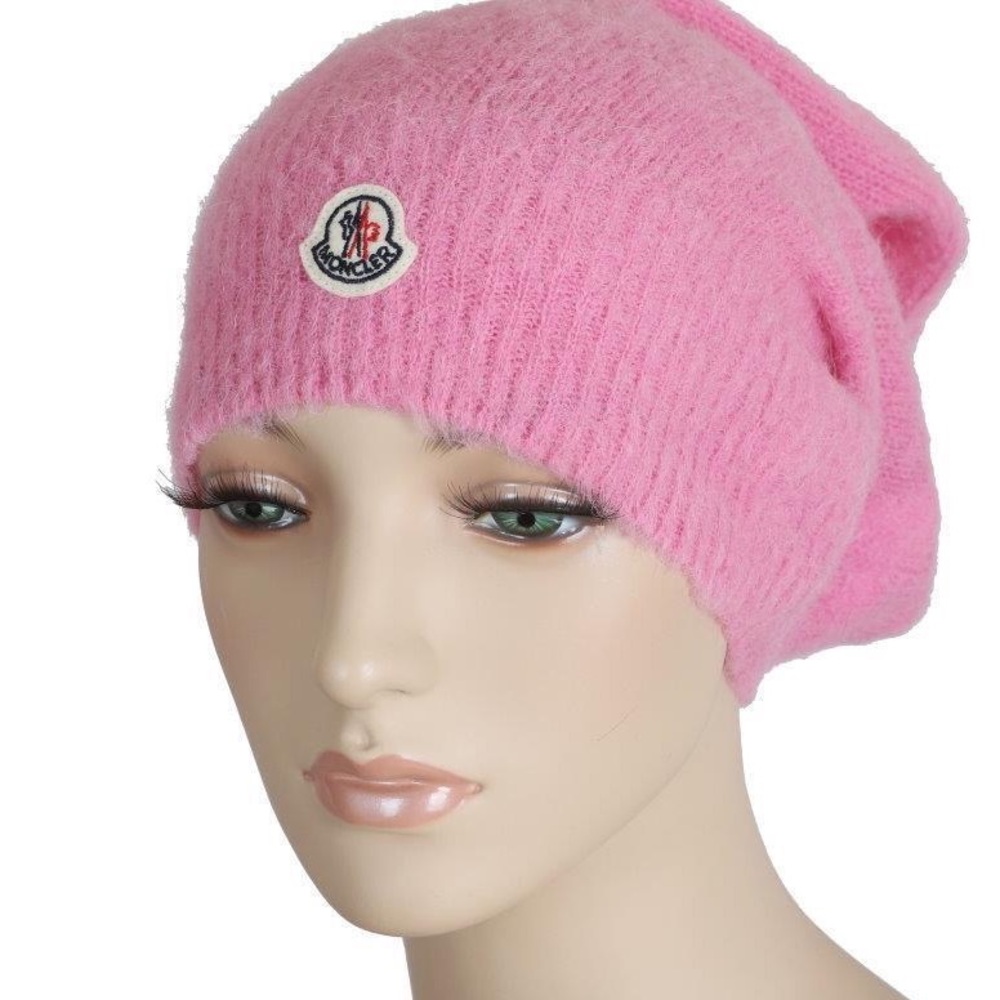 New MONCLER Soft Pink Logo Embroidered Alpaca Pure Wool Loose Beanie